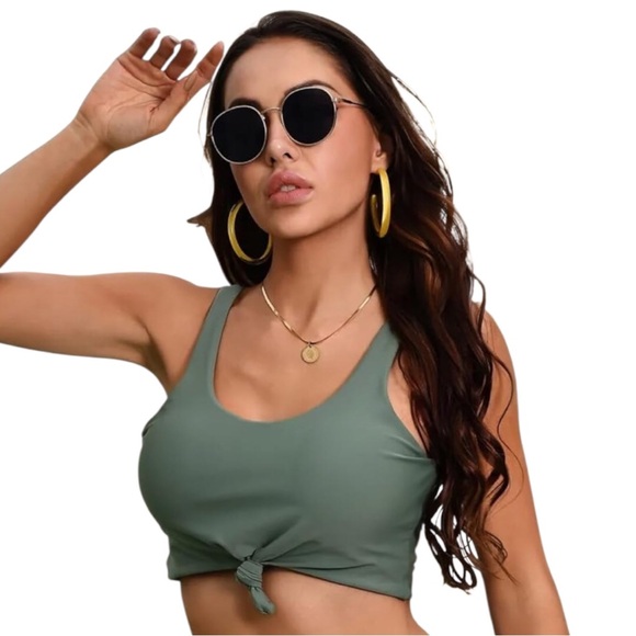 Olive Green Tie-Knot Front Crop Tankini Top - Picture 7 of 8